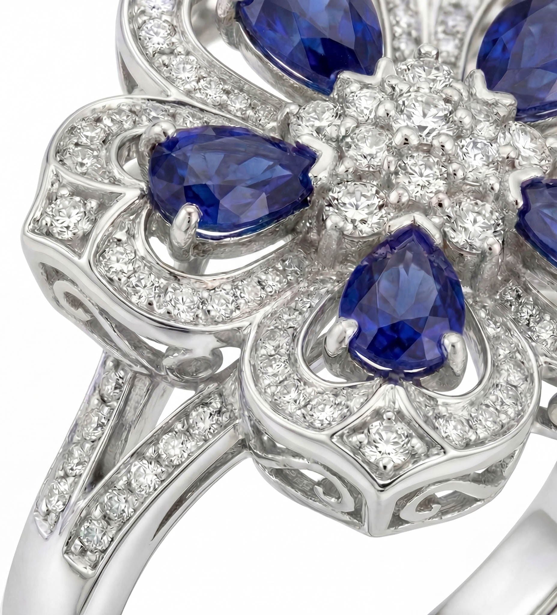 Gol-e Kabud ring side profile showing sculptural depth and sapphire placement
