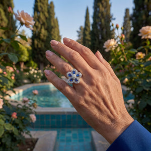 Gol-e Kabud ring close-up showing pear-shaped sapphires in platinum setting