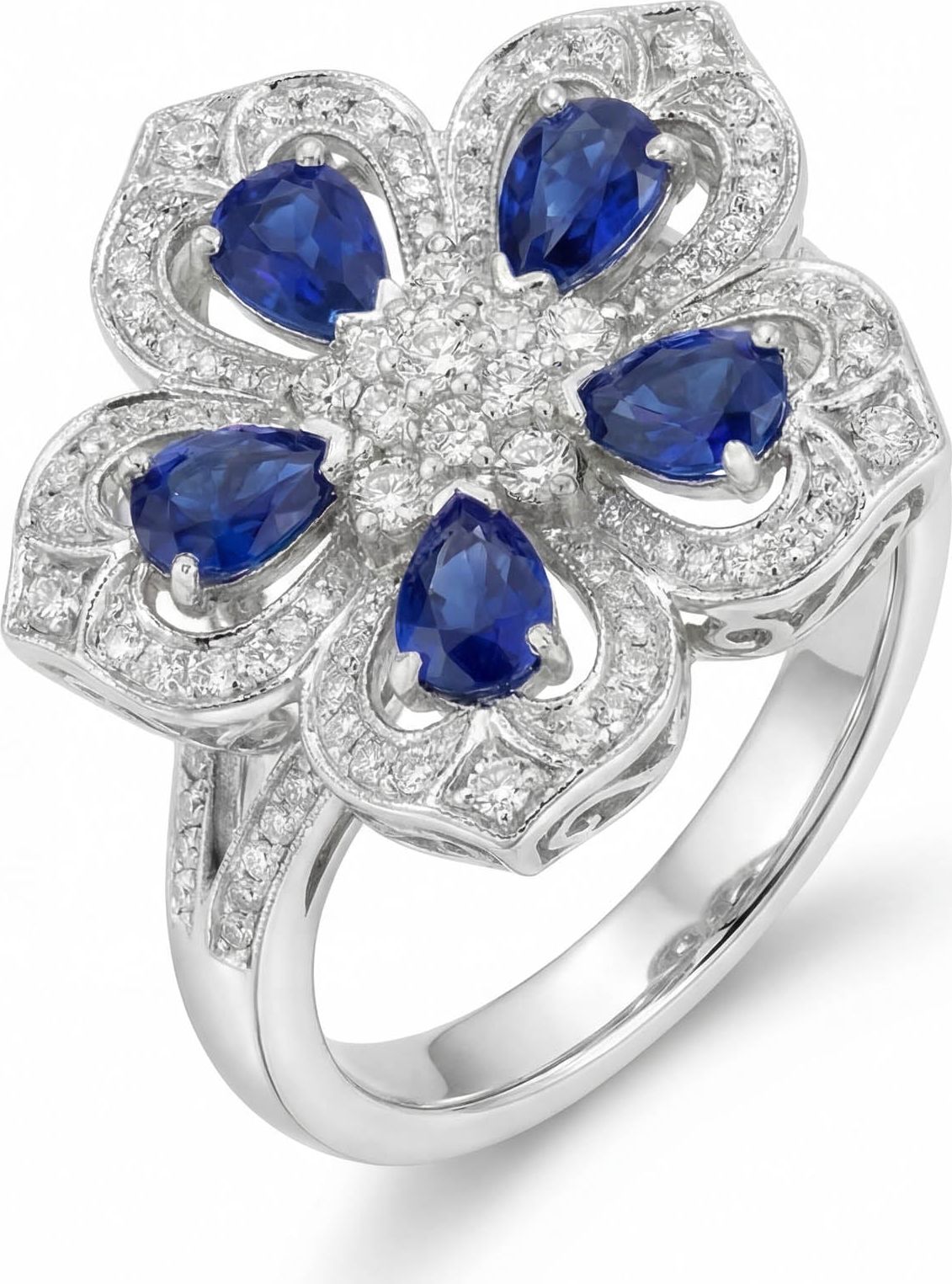 Gol-e Kabud platinum ring with eight vivid blue sapphires and diamonds by Silux London