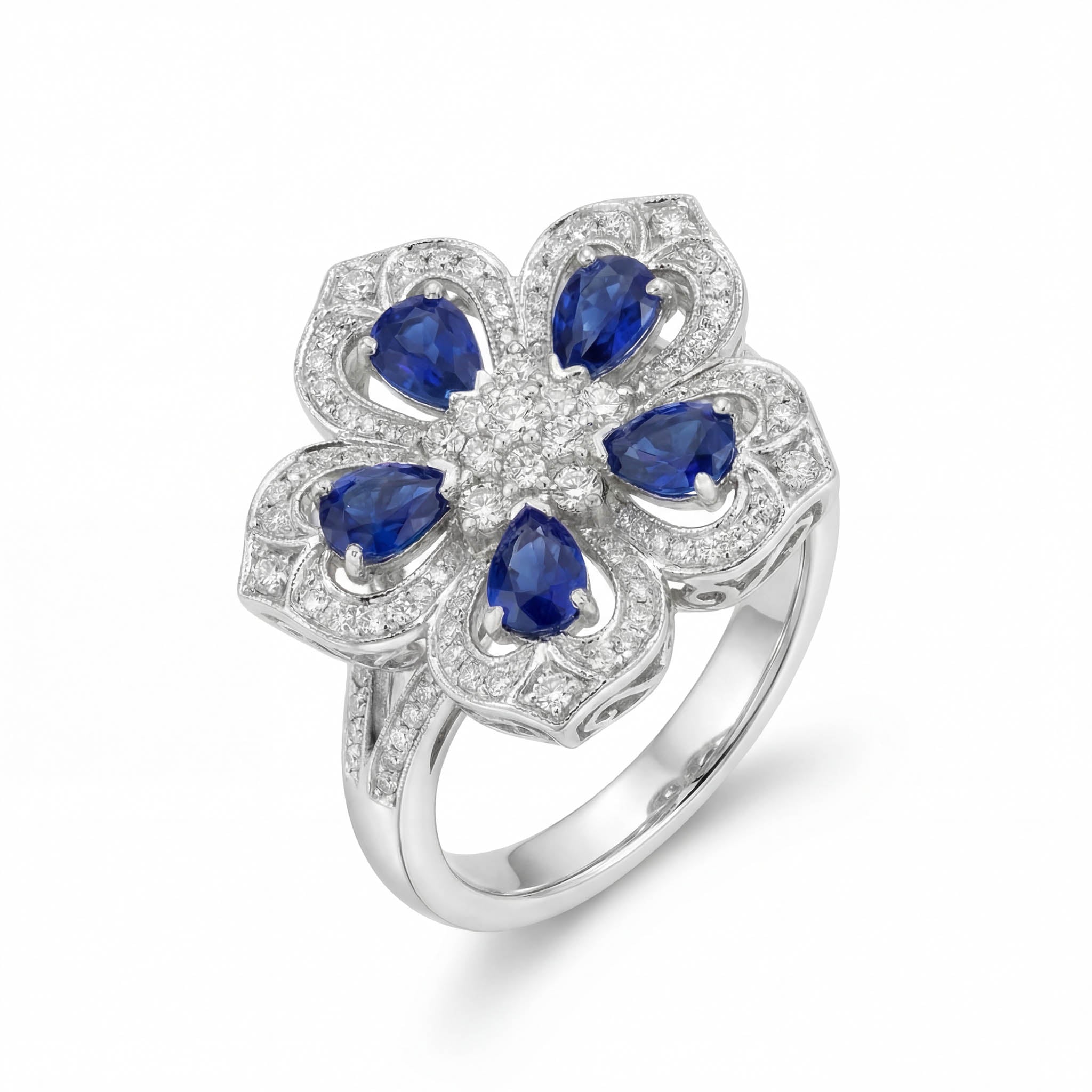 Gol-e Kabud platinum ring with eight vivid blue sapphires and diamonds by Silux London