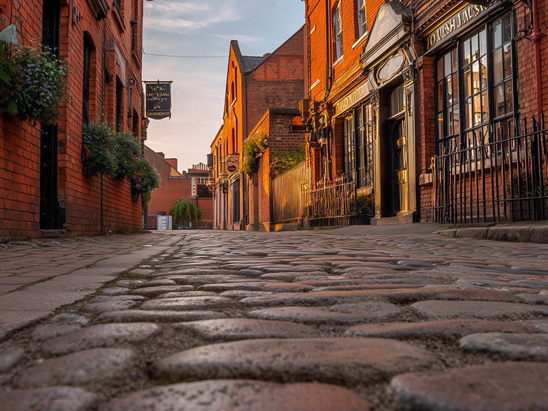 Historic Birmingham Jewellery Quarter street scene with traditional workshop buildings