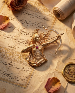 Gordafarid Pendant - Flatlay with manuscript