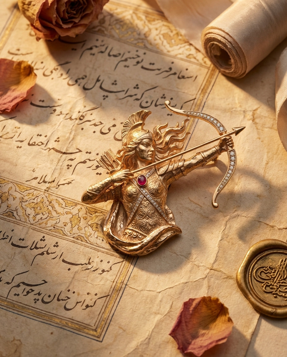 Gordafarid Pendant - Flatlay with manuscript
