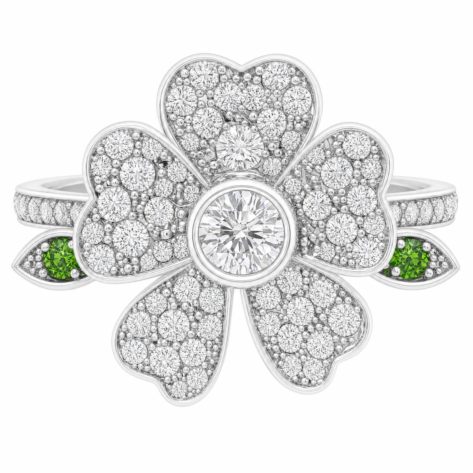 Shokufeh Blossom Ring, top-down, pave white diamonds with tsavorite leaves, 18ct white gold