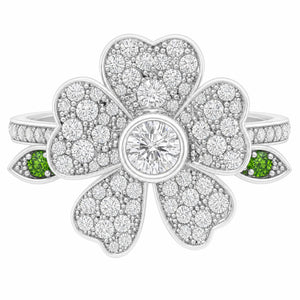 Shokufeh Blossom Ring, top-down, pave white diamonds with tsavorite leaves, 18ct white gold