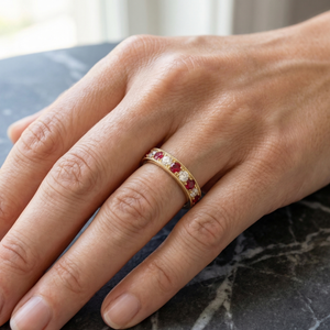 Chahar ruby and diamond eternity band worn on hand