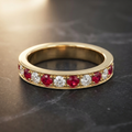 Chahar ruby and diamond full eternity wedding band in 18ct yellow gold