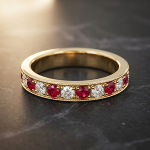 Chahar ruby and diamond full eternity wedding band in 18ct yellow gold