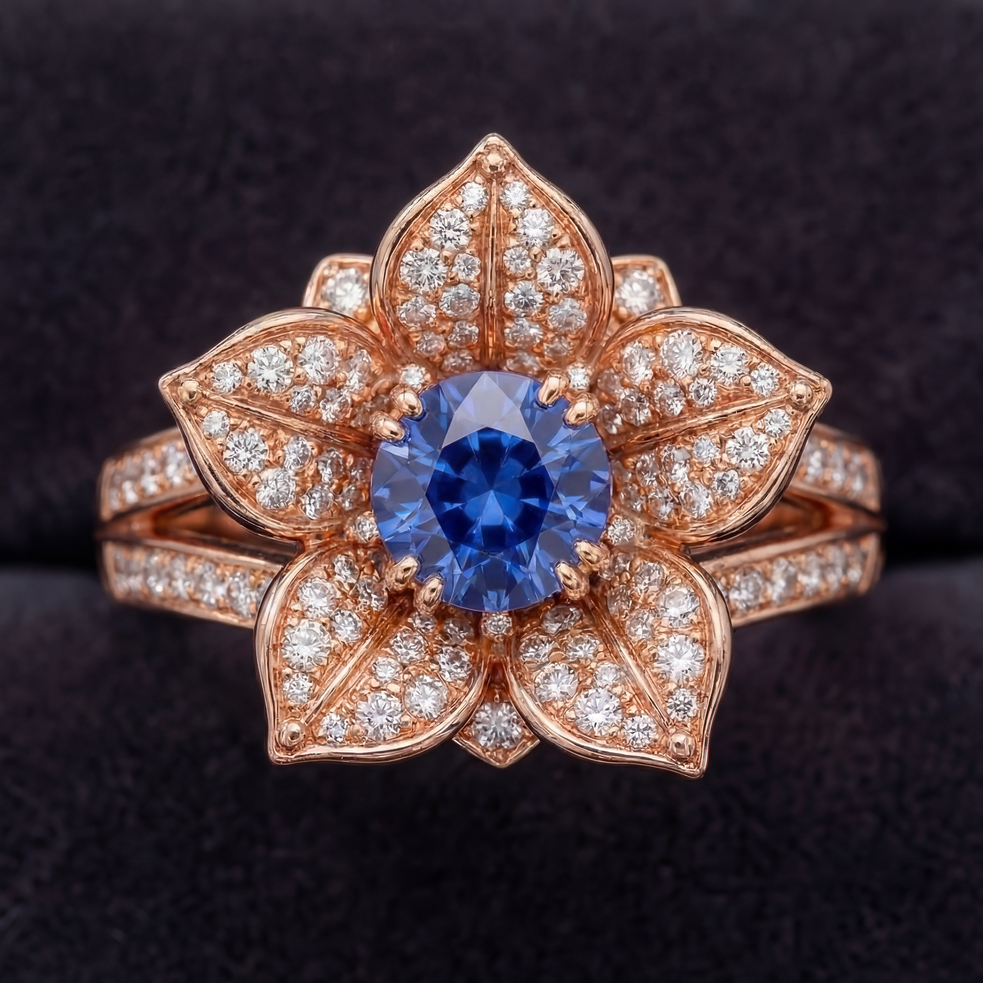 Golnar engagement ring - top view showing blossom structure and split-shank arched band