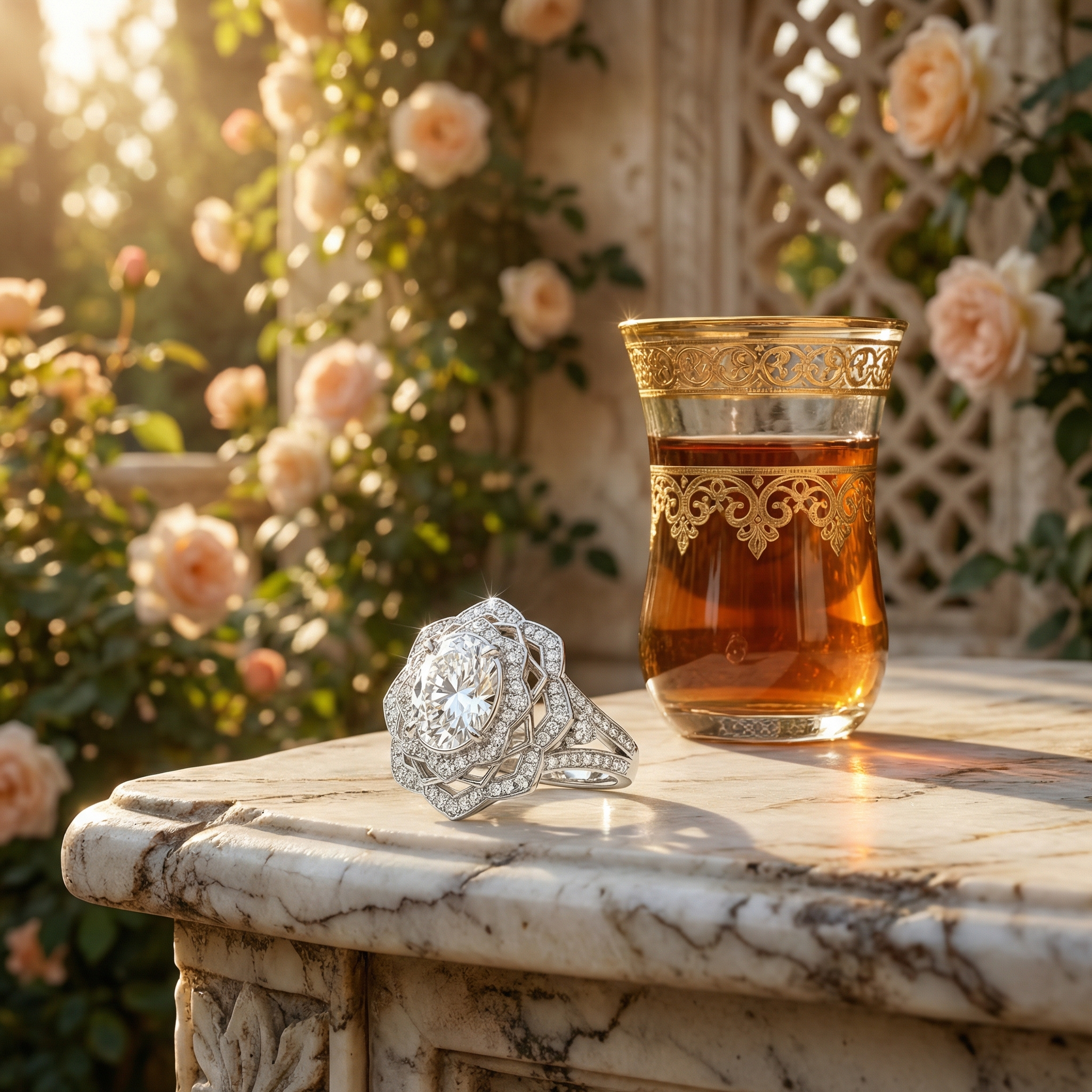 Gol-e Shab Diamond Lattice Ring in Persian garden setting - Silux London