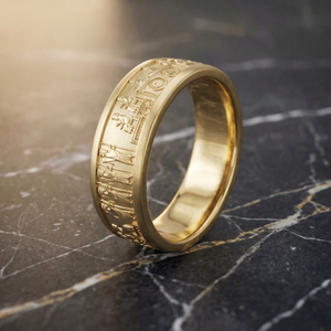 Three-quarter angle of Hamdam men's band showing continuous Apadana staircase pattern