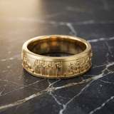 Hamdam 18ct yellow gold men's wedding band with Persepolis Apadana relief engraving