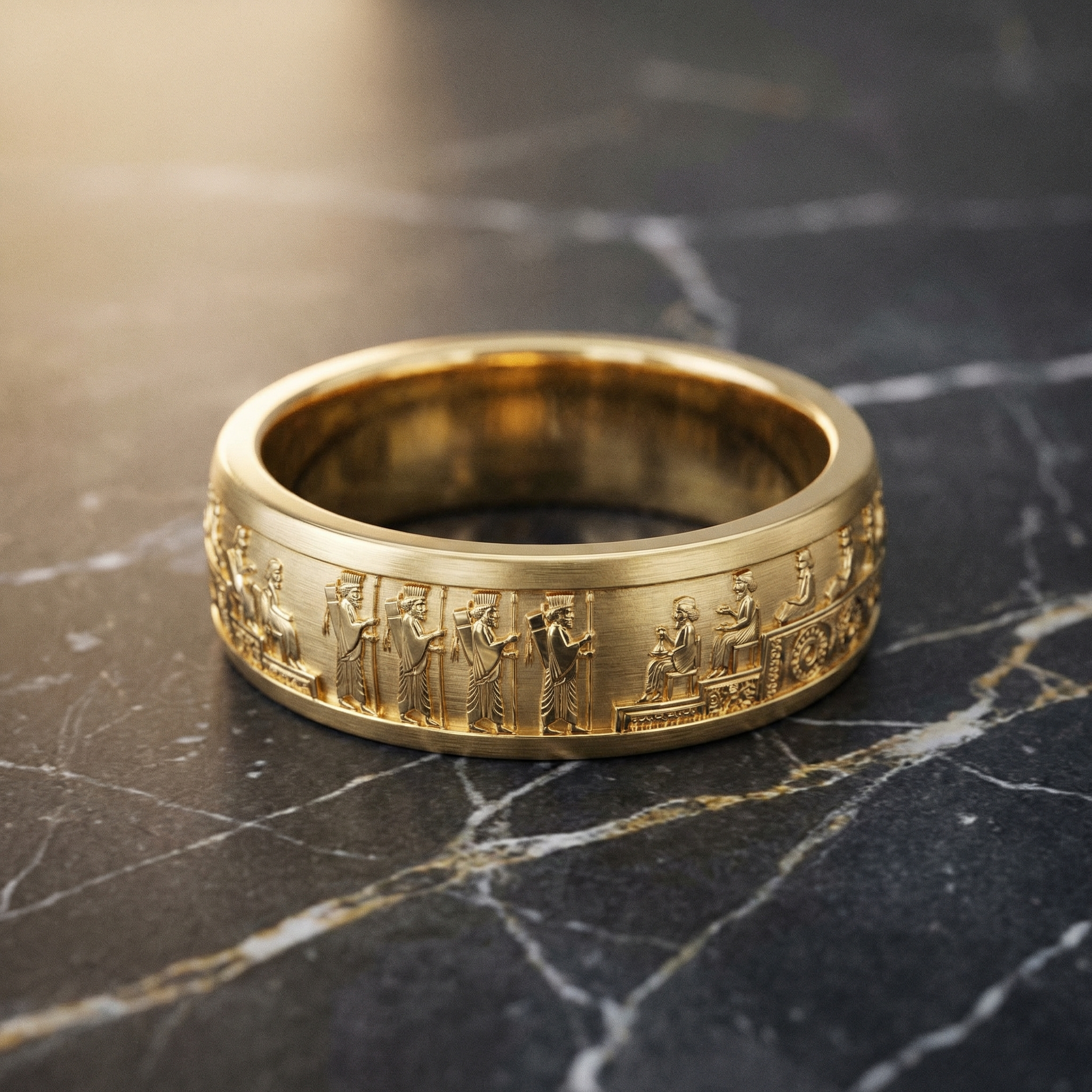 Hamdam 18ct yellow gold men's wedding band with Persepolis Apadana relief engraving