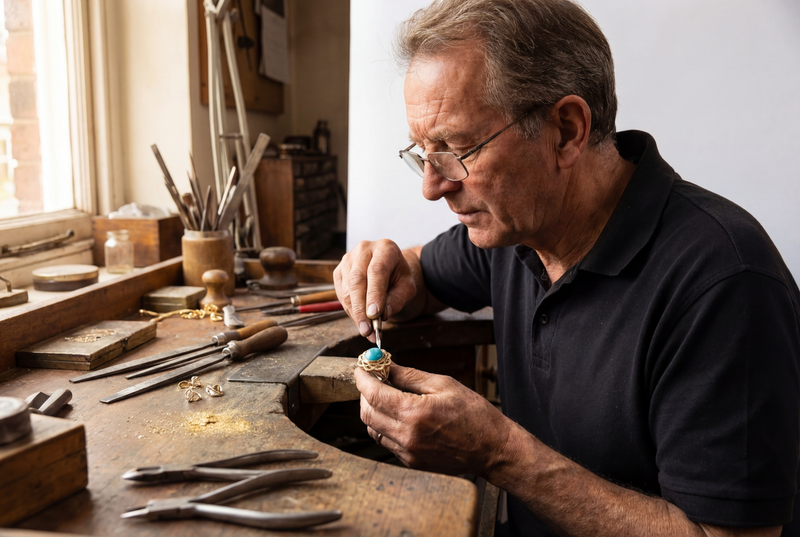 Birmingham Jewellery Quarter craftsperson working on fine jewellery at traditional goldsmith's bench