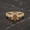 Simin round brilliant champagne diamond engagement ring with Islimi engraving in 18ct yellow gold