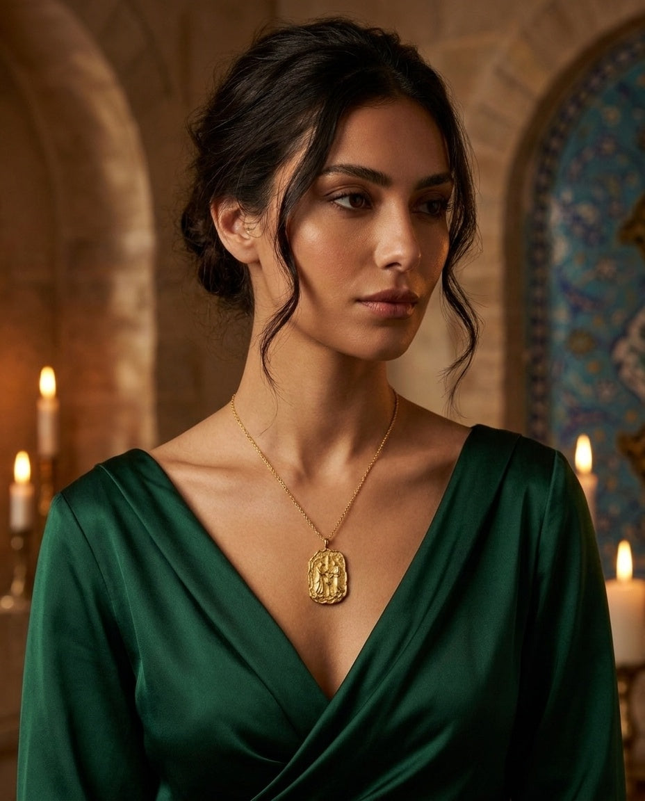 Story Canvas Pendant 24ct Gold worn by model, Persian interior editorial