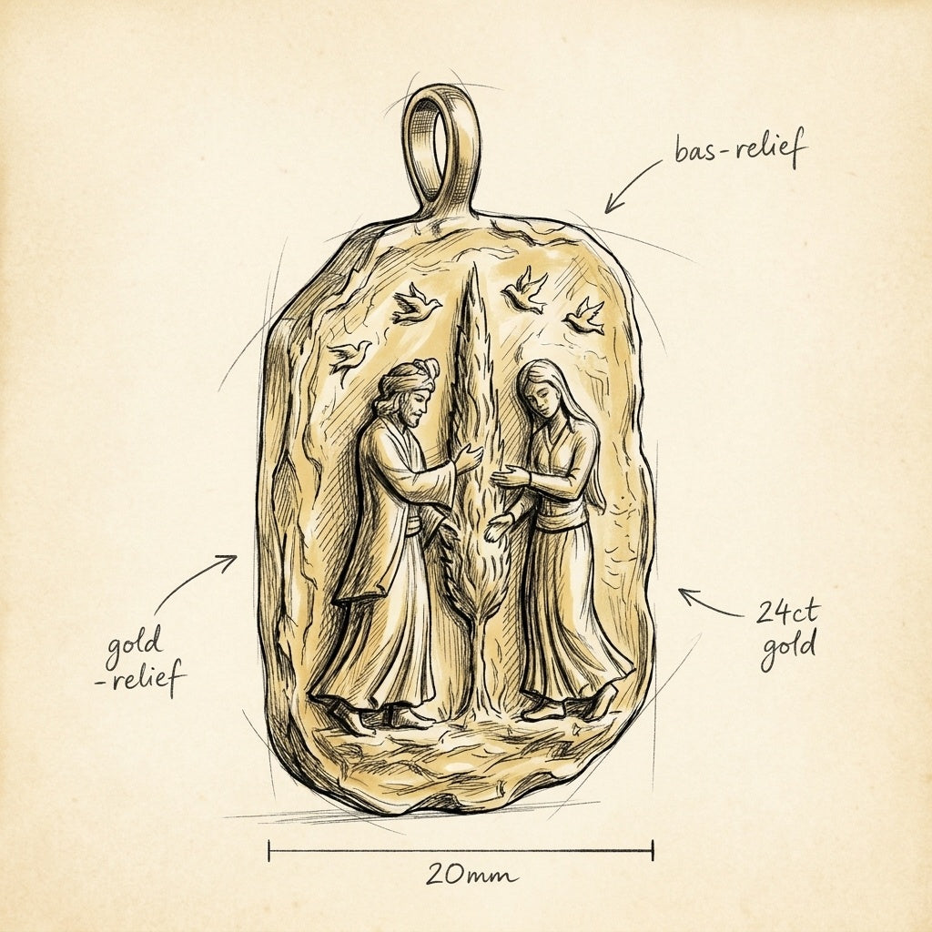 Story Canvas Pendant — hand-drawn atelier design sketch, 24ct gold bas-relief