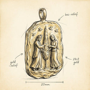 Story Canvas Pendant — hand-drawn atelier design sketch, 24ct gold bas-relief