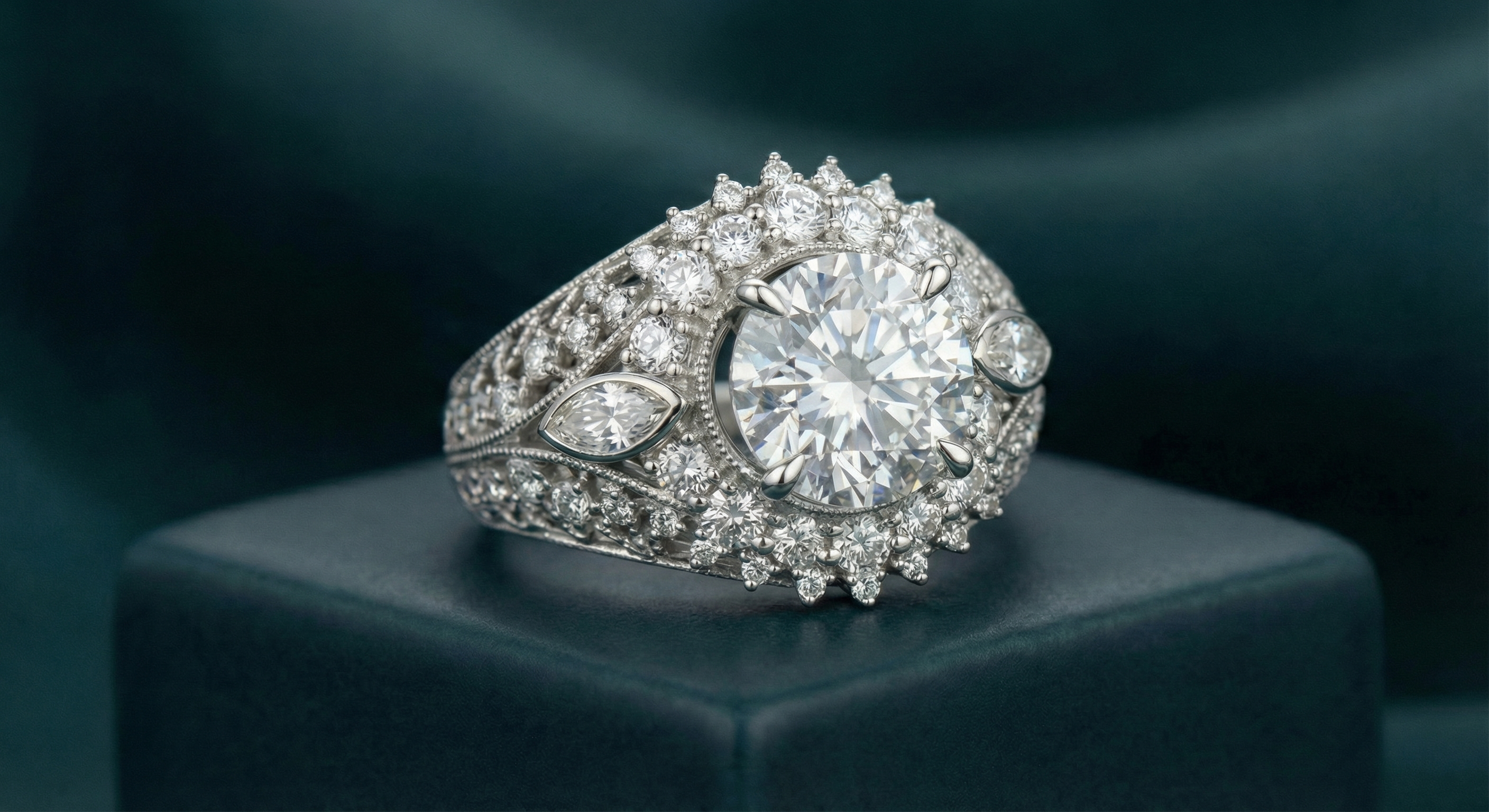 Mahtab engagement ring with claw-set diamond centre stone, 45 degree view