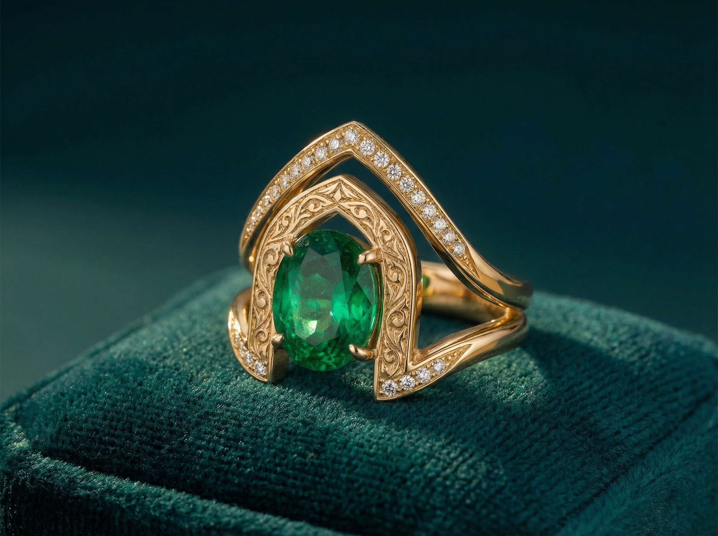 Roya engagement ring - Angled view showing ring profile and setting detail