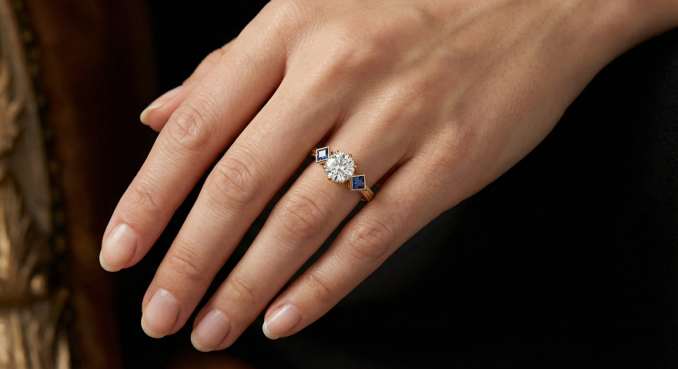 Shireen engagement ring - Ring worn on hand showing scale and proportions